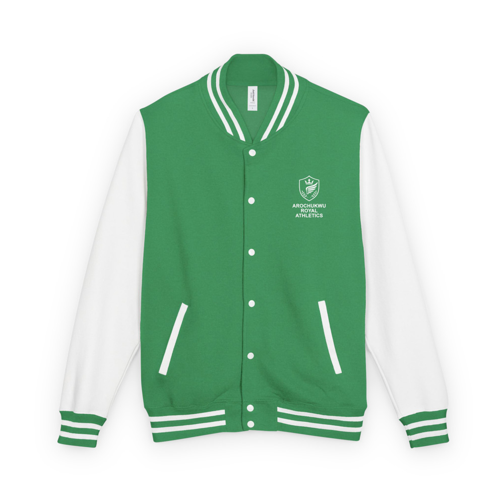 Heavyweight Letterman Jacket, Arochukwu Royal Athletics in Kelly Green/Arctic White